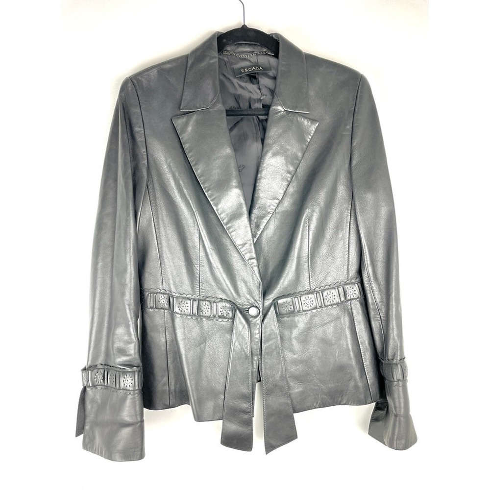 Escada Lamb Leather Black Blazer Jacket Notch Laser Cut Women's Size 40 EUC